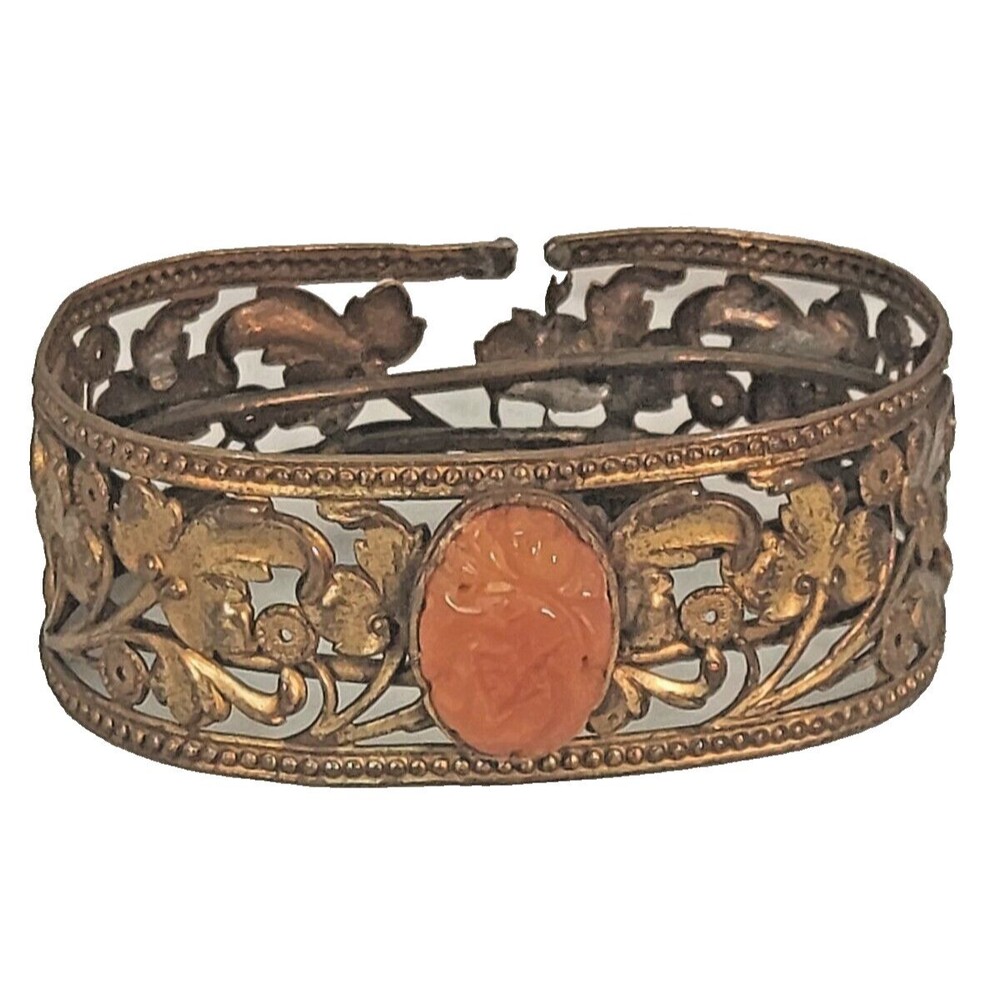 Antique Victorian Coral Cameo Bracelet Bangle Filigree Gold Tone Orange Stone